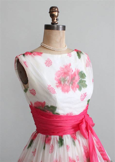 Vintage 1950s Pink Roses Chiffon Party Dress Raleigh Vintage