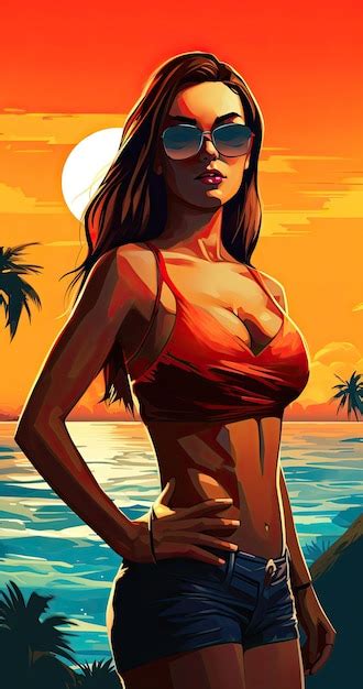 Premium Ai Image An Attractive Female Wear Bikini And Sunglasses Tropical Beach Illustration