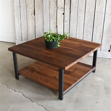 Square Coffee Table With Lower Shelf Industrial Reclaimed Etsy