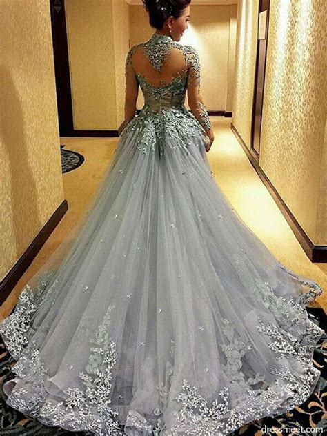 Gorgeous Ball Gown Halter Open Back Tulle Long Sleeve Grey Wedding