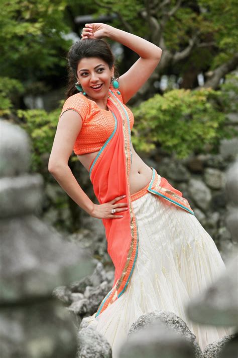 Kajal Aggarwal Navel In Peace Colour Half Saree Navelnsfw