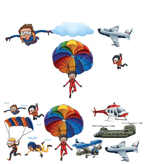 Sky Diving Set With People And Equipment Illustration Series Many