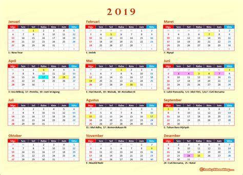 Kalender 2019 Lengkap Hari Libur Nasional Indonesia Jawa Dan Hijriyah