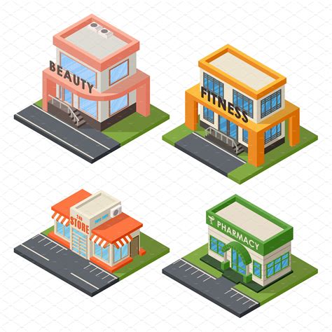 Vector Isometric Buildings Set Isometric Design Isometric Building