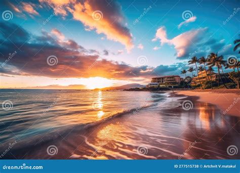 Warm Tropical Sunset On Kaanapali Beach In Maui Hawaii Stock