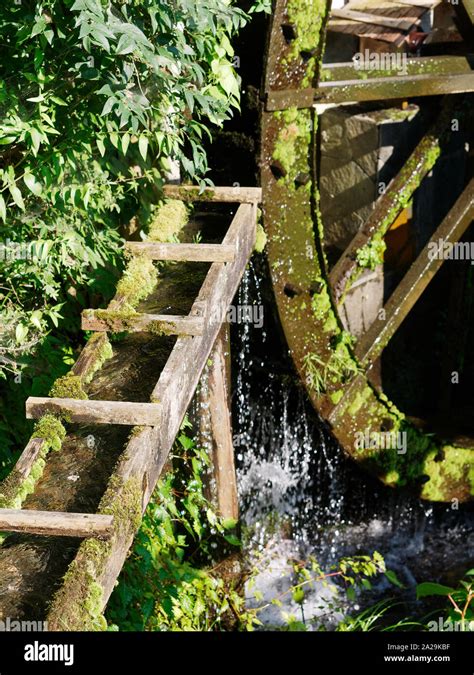 Old Wooden Waterwheel Watermill Covered With Moss Flowing Water To