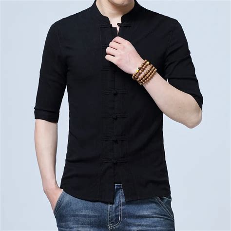 Men Cotton Linen Shirts Half Sleeve Chinese Style Mandarin Collar