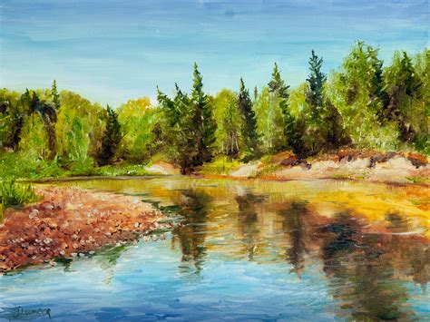 Forest River Painting Pine Tree Art Stream Artwork Countryside Etsy
