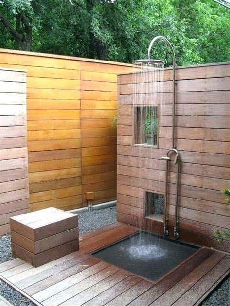 Showers Outdoor Shower Bench Minimalist Space With Horizontal Wood Planks Wall System Stainless