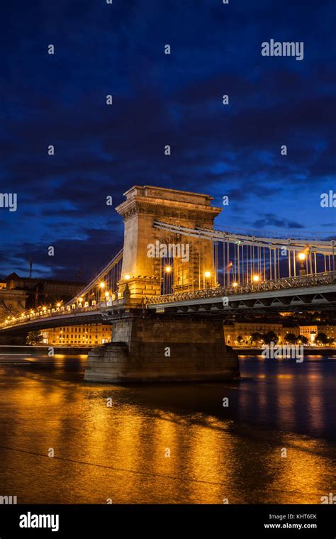 Hungary Budapest Chain Bridge Szechenyi Lanchid At Night On Danube