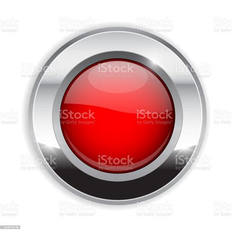 Red Round Button Glass 3d Shiny Icon With Wide Metal Frame Stock