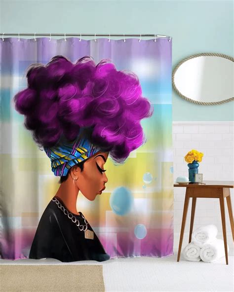 Afro Shower Curtain African Woman With Purple Hair Watercolor Portrait Picture Print Waterproof