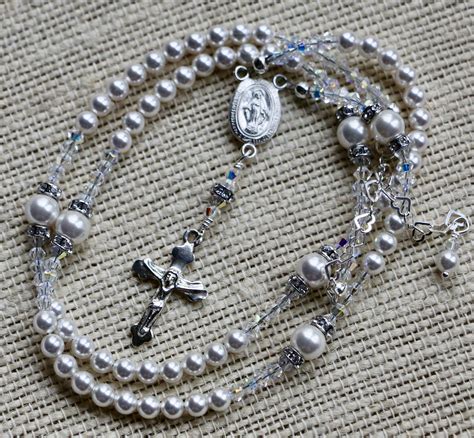 Catholic Rosary Necklace In Swarovski Crystal White Pearls And Sterling
