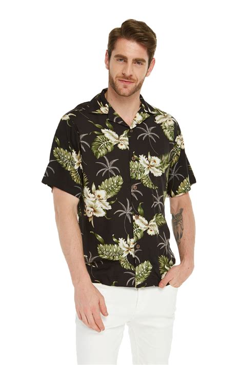 Mens Aloha Shirt Orchid Palm Black Corethermax