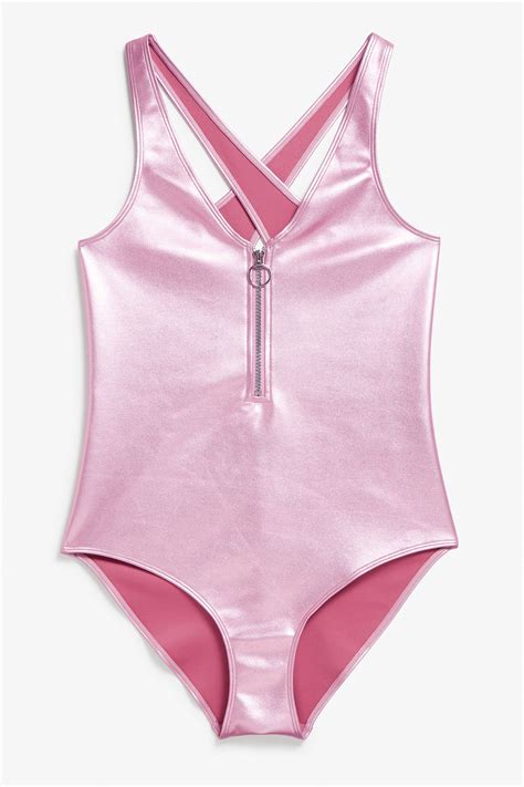 Monki Image 1 Of Metallic Swimsuit In Pink Bluish Metallic Swimsuit