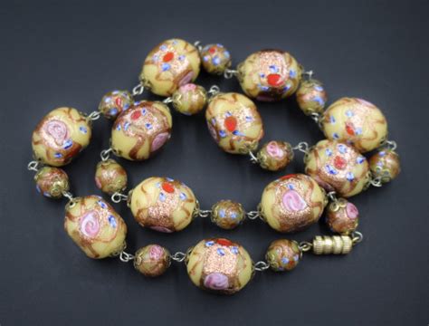 Vintage Venetian Murano Rose Gold Foil Fiorato Glass Bead Necklace Glass Bead Necklace Beaded