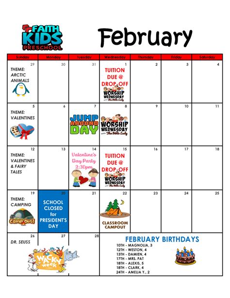 February Activity Calendar Faith Kids Preschool