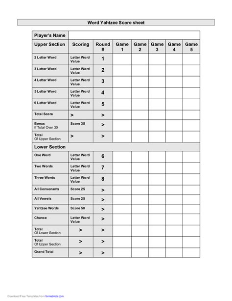 Printable Yahtzee Score Sheets Word