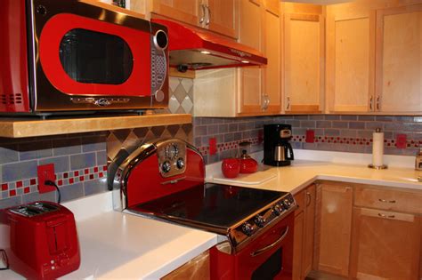 Retro Red Kitchen With Blue Fog Subway Tiles Midcentury Kitchen