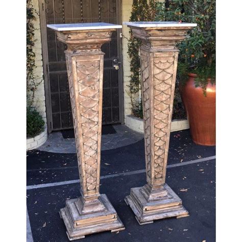 Pair Of Tall Antique Architectural Italian Marble Top Column Pedestals