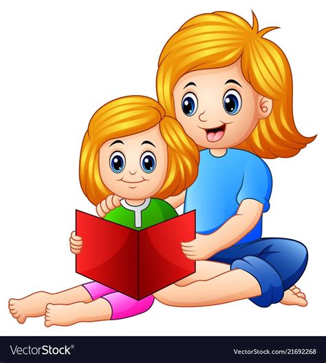 Mother And Daughter Reading Book Together On A Whi Vector Image On