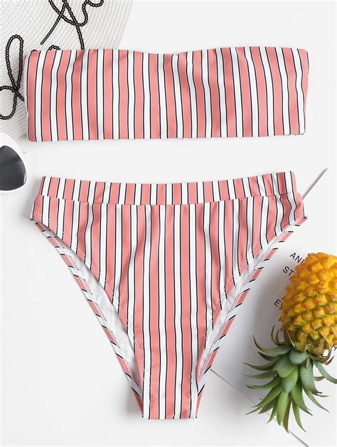 Brazilian Bikini Set Striped High Leg Bandeau Bikini Set Women Swimwear
