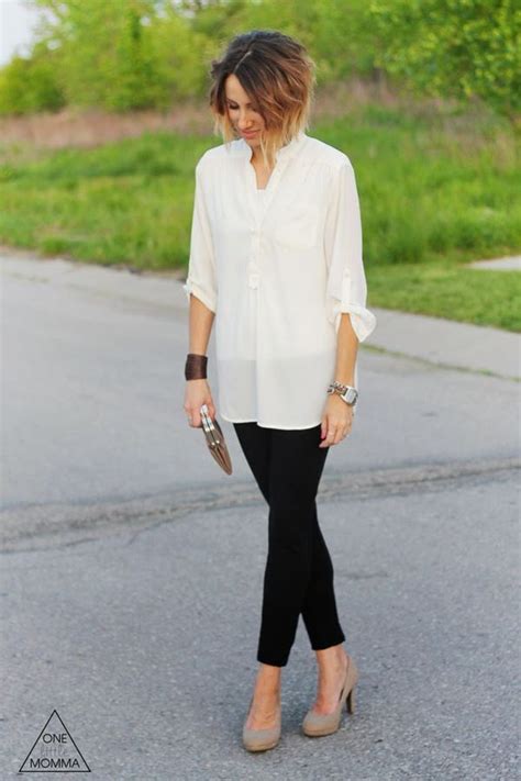 Ivory Tunic Blouse Black Ponte Pants Nude Heels And Clutch Leggings