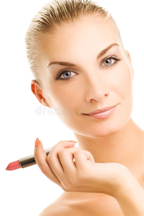 Pink Lipstick Blue Eyes And Blonde Hair Stock Image Image Of