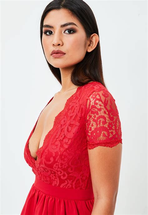 Missguided Red Lace Plunge Skater Dress Lyst