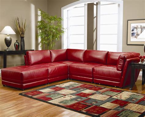 Furniture Living Room Red Faux Leather Corner Couch With Chaise Mixed