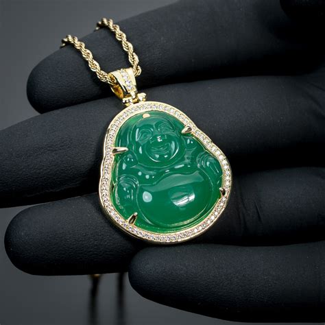 14k Gold Iced Cz Green Jade Buddha Pendant Necklace