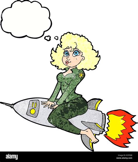 Cartoon Army Pin Up Girl Riding Missile With Thought Bubble Stock