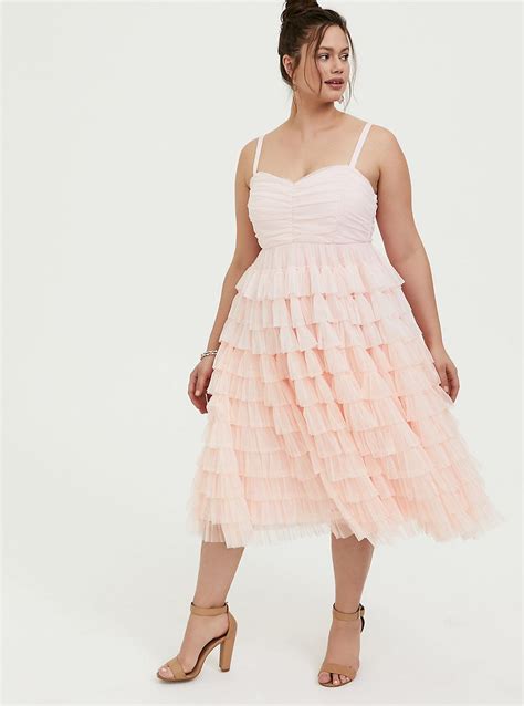 Special Occasion Peach Pink Mesh Tiered Ruffle Midi Dress Dresses Strapless Prom Dresses
