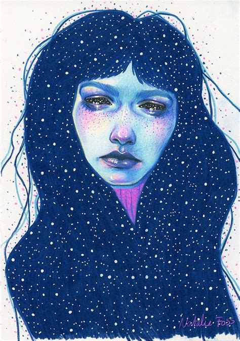 A Drawing Of A Woman With Blue Hair And Stars On Her Face In The Snow