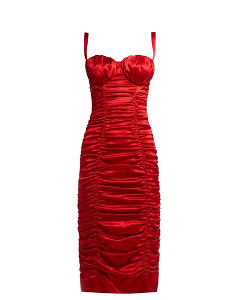 Dolce And Gabbana Ruched Silk Blend Satin Midi Dress In Red Lyst