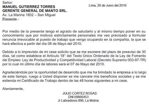 Modelo Carta De Renuncia Peru Sin Exoneracion 2017 Modelo De Informe