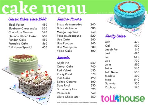 Cake Menu And Pricelist Tollhouse Food And Services Inc