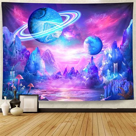 Trippy Planet Tapestry Mountain Wall Galaxy Space Mushroom Etsy