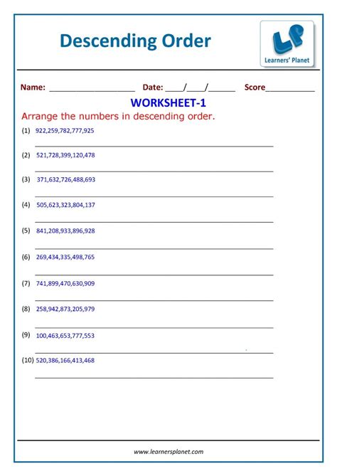 3rd Class Maths Ascending Descending Order Worksheets Online