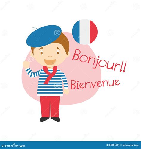 Cartoon Character Saying Hello And Welcome In French Stock Vector