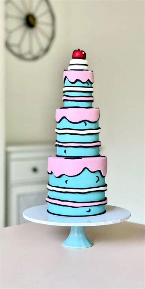 30 Cute Comic Cakes For Cartoon Lovers Three Tiered Blue And Pink Cake