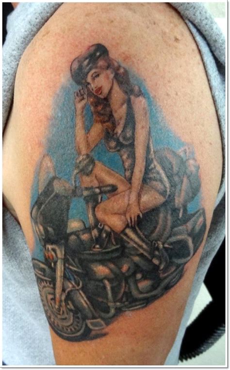 Colorful Motorcycle Pin Up Girl Tattoo On Shoulder Tattooimagesbiz