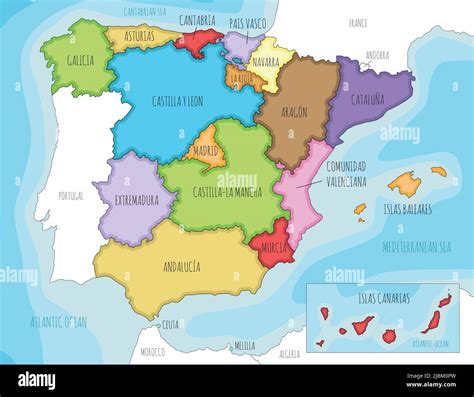 Vector Illustrated Map Of Spain With Regions And Territories And