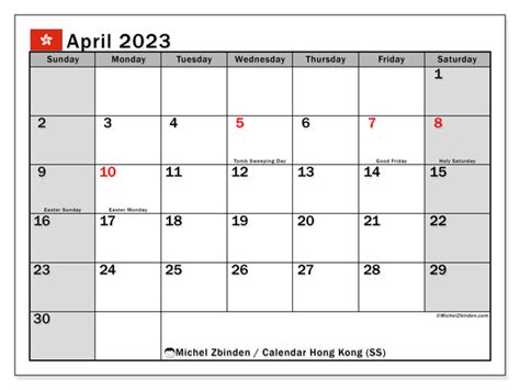 April 2023 Printable Calendar “hong Kong Ss” Michel Zbinden Hk