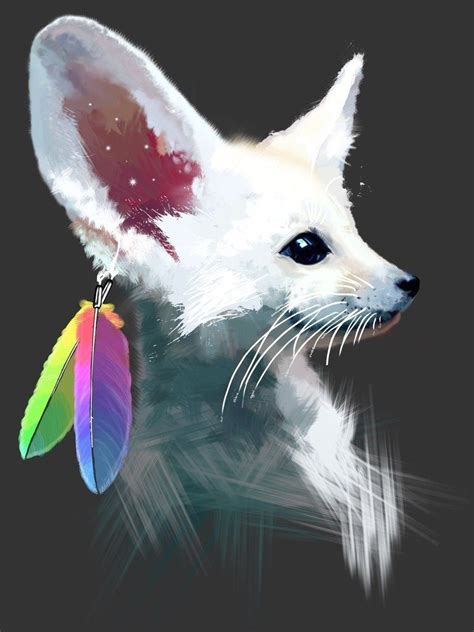 A Painting Of A White Fox With A Colorful Feather Hanging From Its Ear