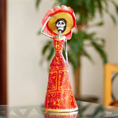 Hand Crafted Papier Mache Catrina Sculpture With Hat Catrina In Red