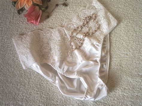 Gorgeous White Handmade Deep Lace Silky Nylon Satin Full Brief Panties