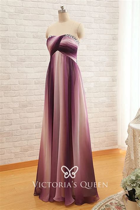 Ombre Purple Chiffon Strapless Beaded Bridesmaid Dress Vq