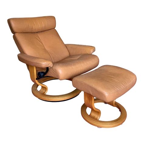 Vintage Tan Leather Recliner Chair And Head Rest And Footstool By