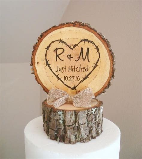 Rustic Wood Wedding Cake Topper Just Hitched Cake Topper Tree Slice Topper Custom Cake Topper